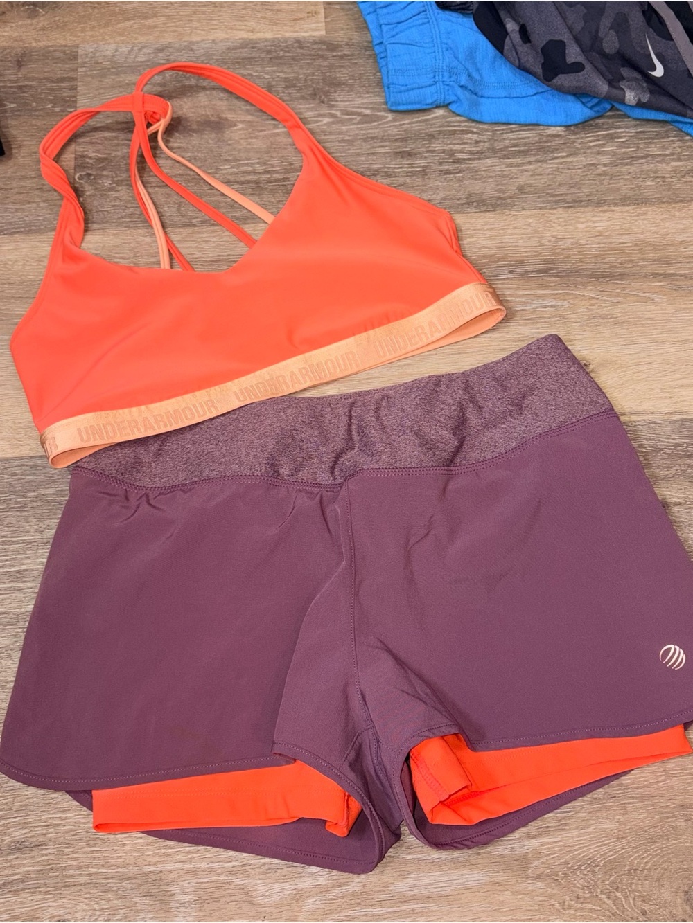 MPG Orange and plum shorts with strappy under armor Sports Bra